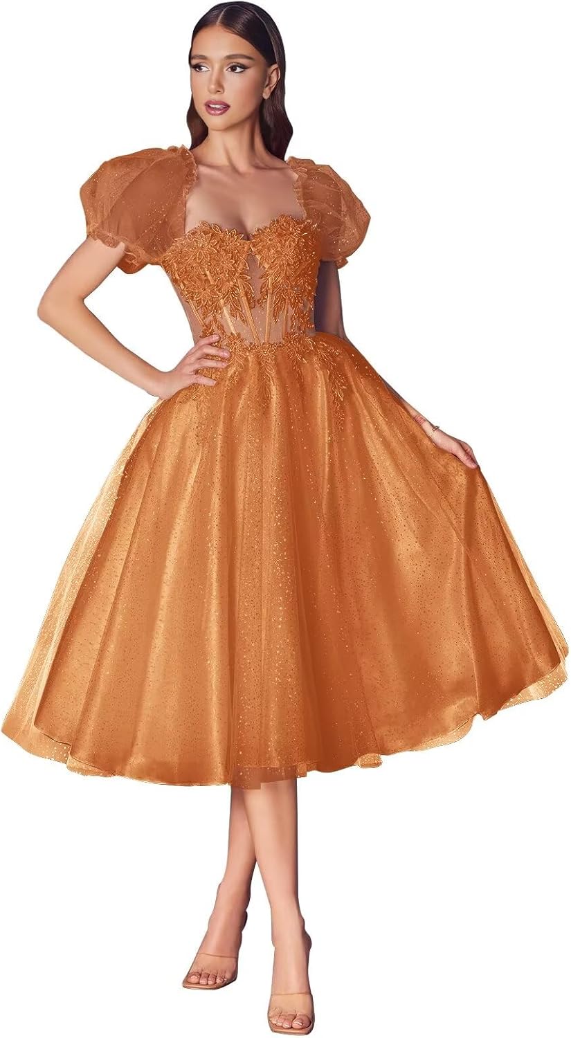 Fivsole Tulle Tea Length Prom Dresses Burnt Orange for Teens Sparkly Long Burnt Orange Lace Appliques Glitter Formal Evening Gown Corset US8