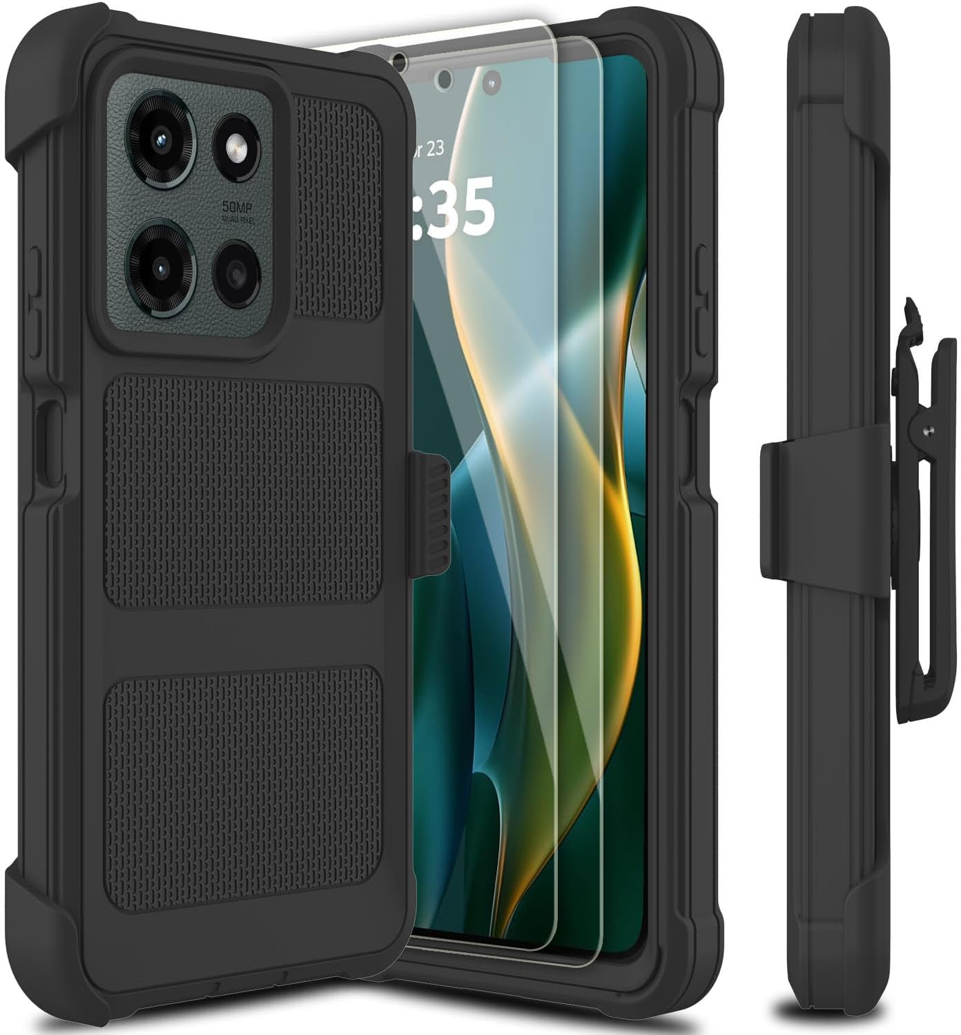 for Motorola Moto G 5G 2025 Case with 2 Pack Tempered Glass Screen Protector, [Holster Series] Belt Clip Hard Tough Heavy Duty Rugged Shockproof Protective Cell Phone Case Black