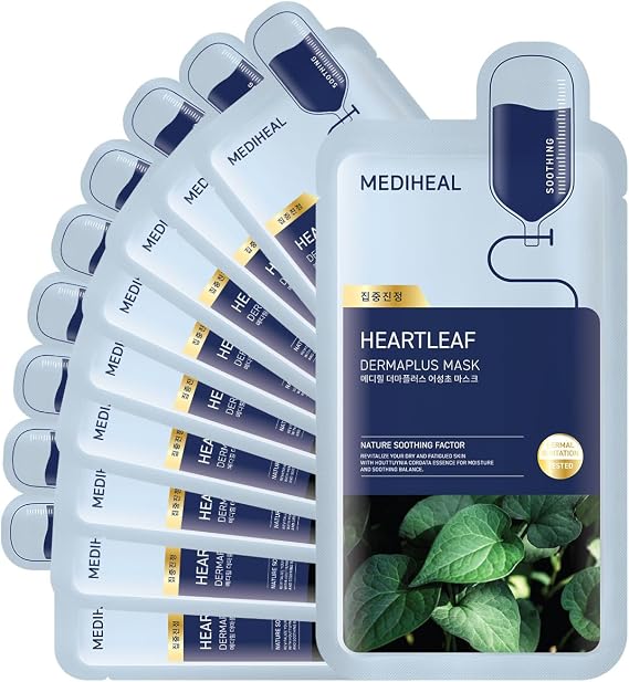 Mediheal Dermaplus Heart Leaf Masks 10 Pieces - Everyday Vegan Masks with Panthenol & Hyaluron, Korean Self Skin Care Sheet Mask
